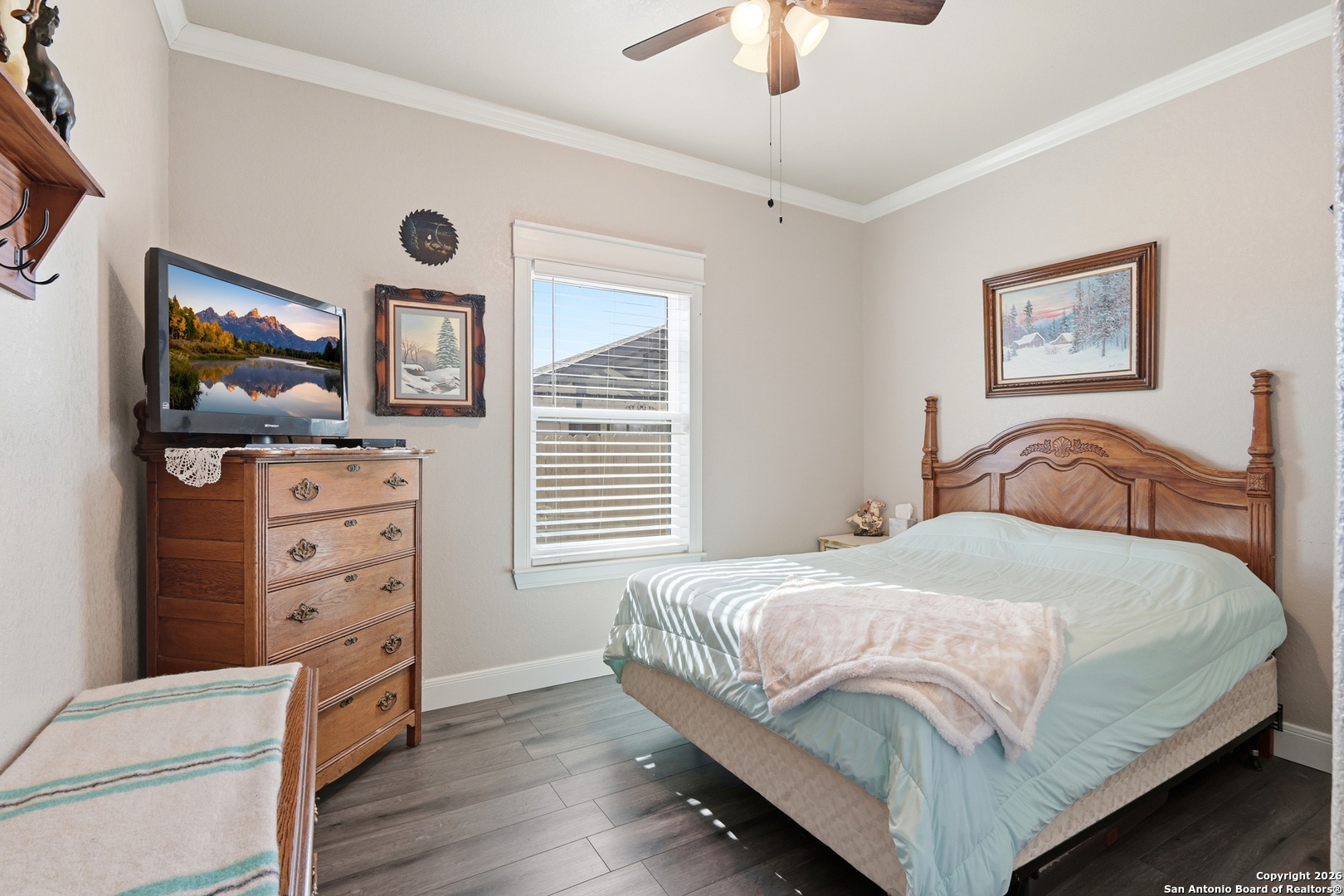 682 Stuart Road Adkins, TX 78101 - Photo 18 of 37 a bedroom with a bed and a flat screen tv