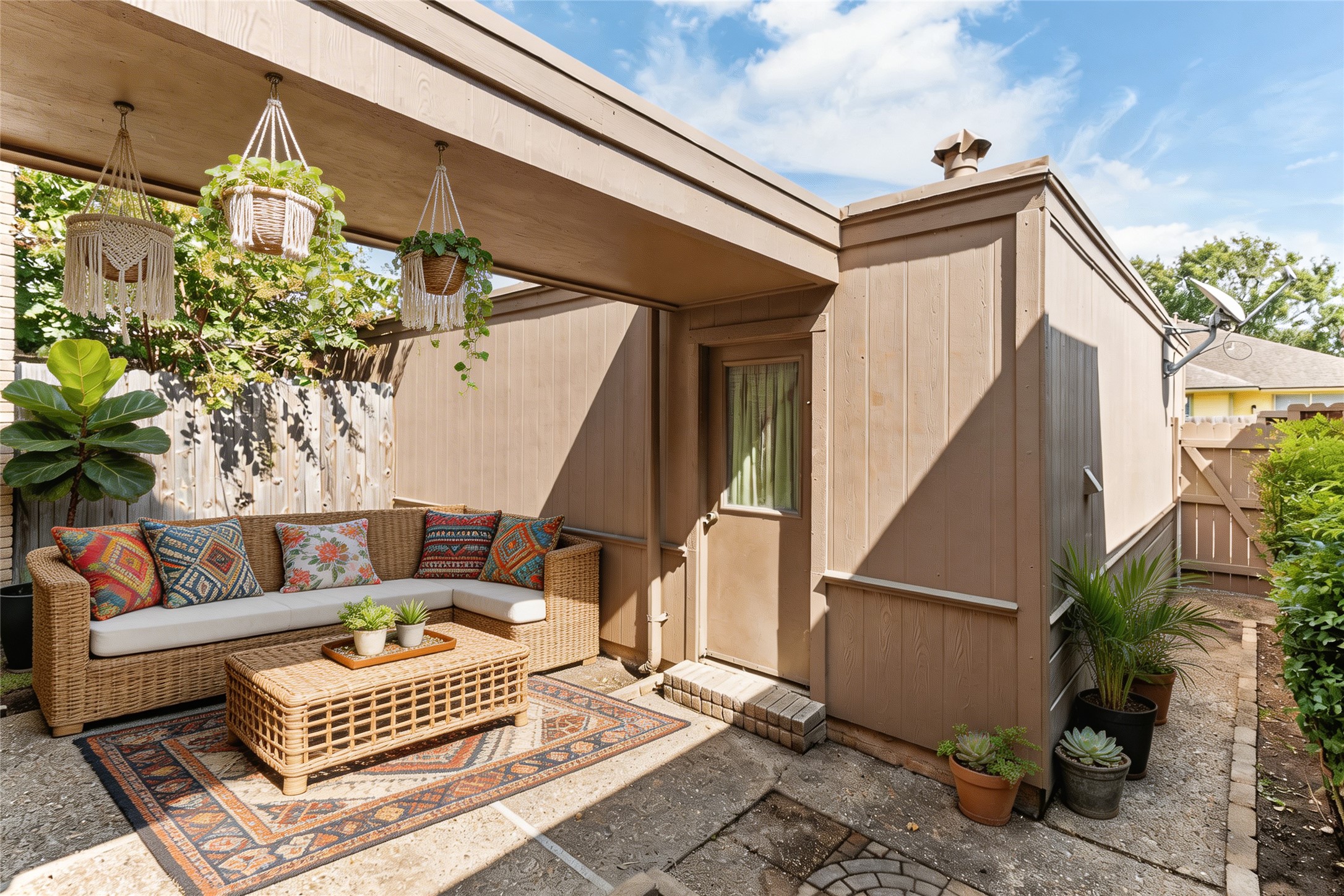 57 South Bachelor Button Street Lake Jackson, TX 77566 - Photo 25 of 29 Charming courtyard showcases a covered walkway leading to the detached 2-car garage, a side gate for convenient access, and a dedicated generator plug along the garage wall.