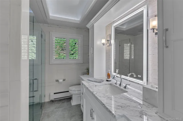 a bathroom with a granite countertop sink a toilet and shower