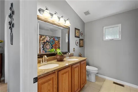 a bathroom with a sink a toilet and mirror
