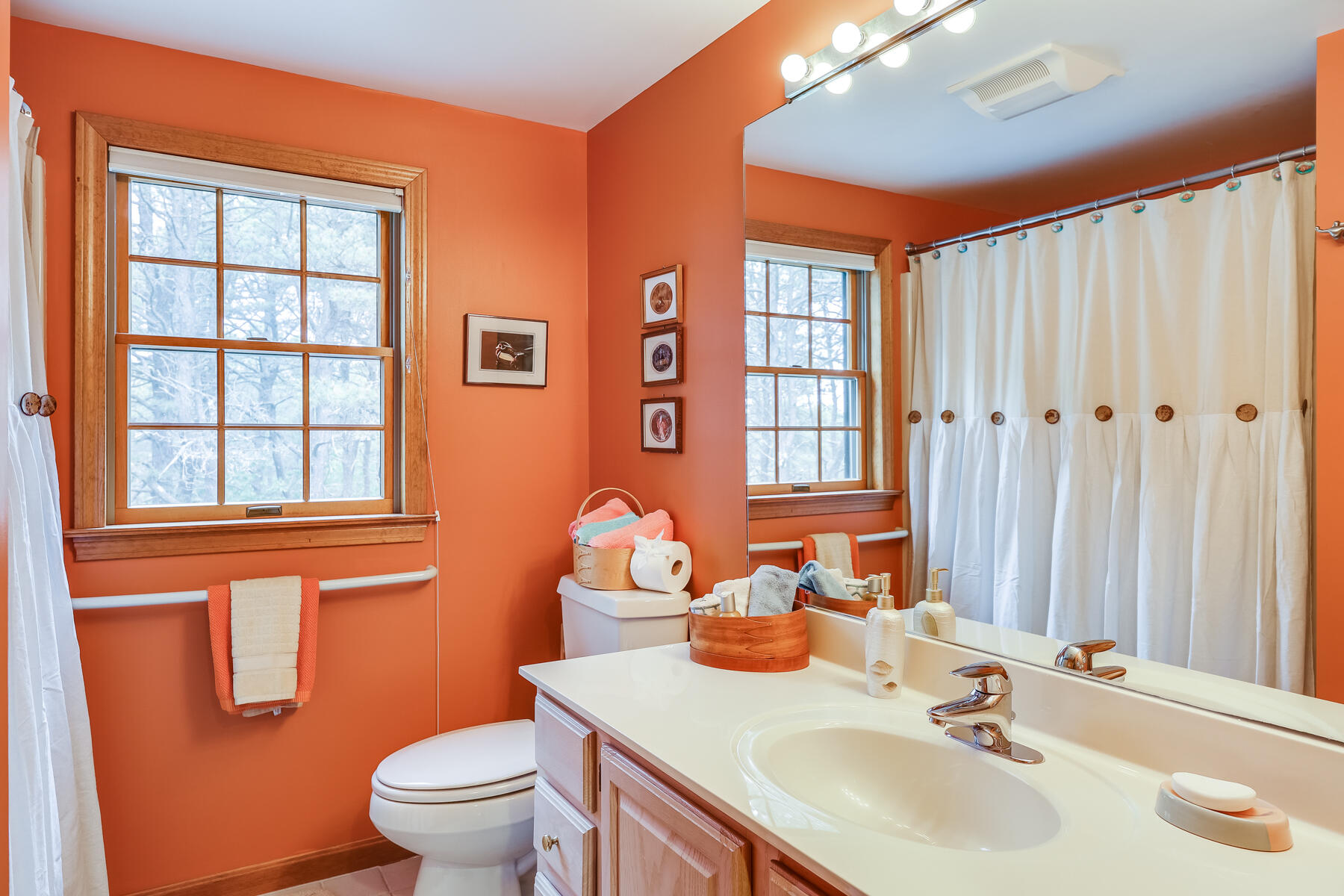 375 Eastwind Circle Wellfleet, MA 02667 - Photo 29 of 59 a bathroom with a sink a toilet and a large mirror
