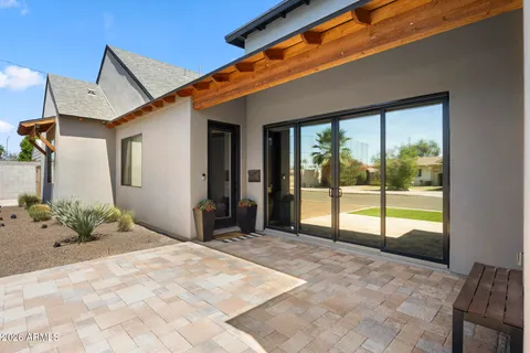 a view of a porch with a backyard