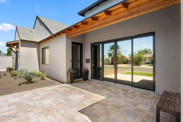 a view of a porch with a backyard