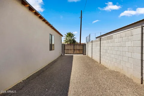 a view of a street with a patio