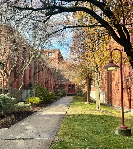a view of a yard with a house in the background