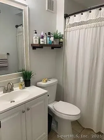 a bathroom with a sink a toilet and shower curtain