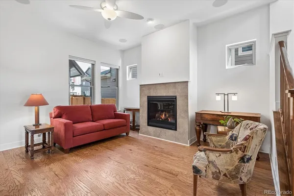 a living room with furniture and a fireplace