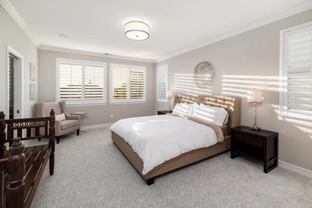 a bedroom with a bed couch and a window