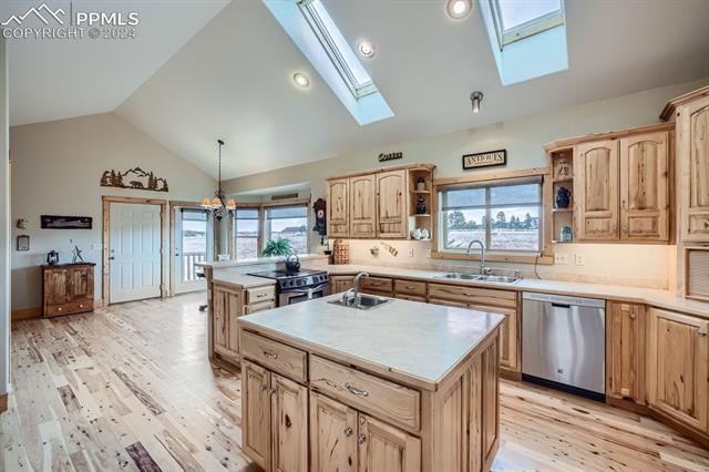 182 Joshua Road Divide, CO 80814 - Photo 8 of 35 Kitchen with appliances with stainless steel finishes, a healthy amount of sunlight, a kitchen island with sink, and sink