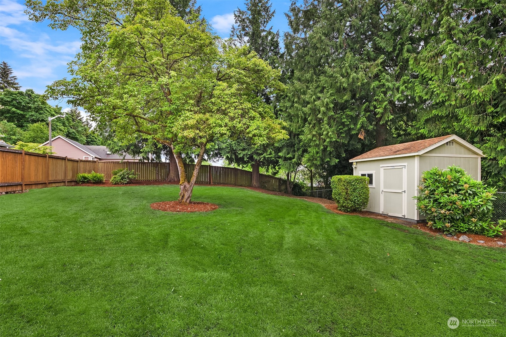 1909 Northeast 24th Street Renton, WA 98056 - Photo 27 of 34 a backyard of a house with plants and large tree