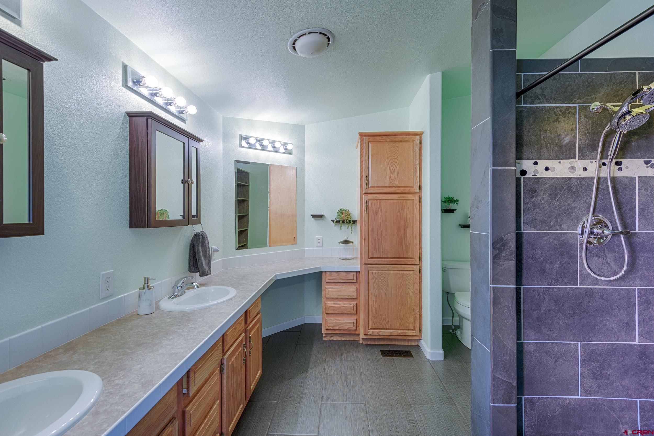 61928 Jay Jay Road Montrose, CO 81401 - Photo 14 of 36 a bathroom with a double vanity sink a mirror and shower