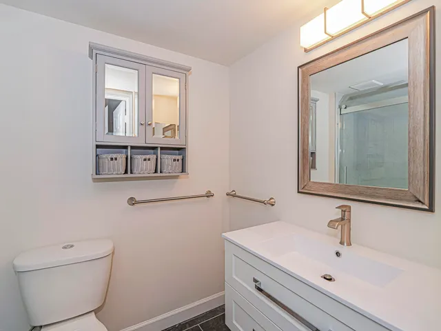 a bathroom with a toilet sink and mirror