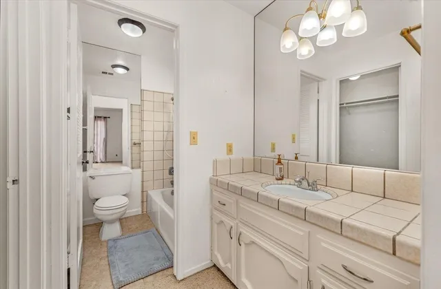 a bathroom with a sink a toilet and a large mirror