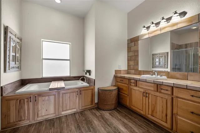 a bathroom with a granite countertop sink and a large mirror