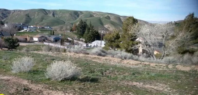 a view of a town with mountains in the background