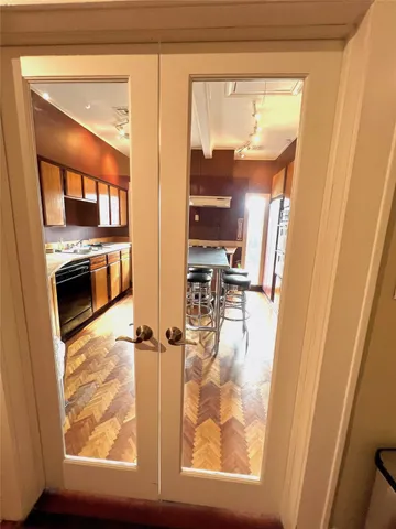 a view of a kitchen from a window
