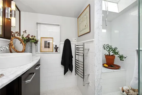 a bathroom with a granite countertop sink a potted plant and a mirror