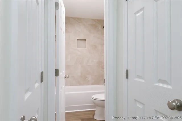 a bathroom with a toilet and a bathtub