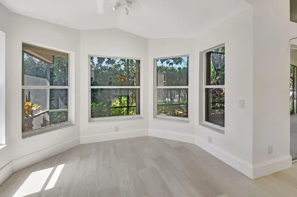 a view of a garden from a porch