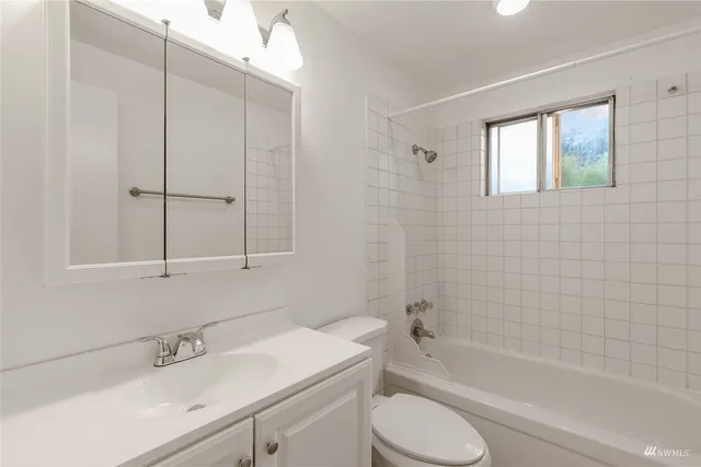 a bathroom with a bathtub shower sink vanity and toilet