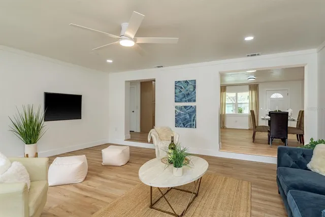a living room with furniture and a potted plant