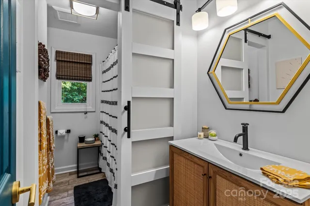 a bathroom with a sink a mirror and a shower