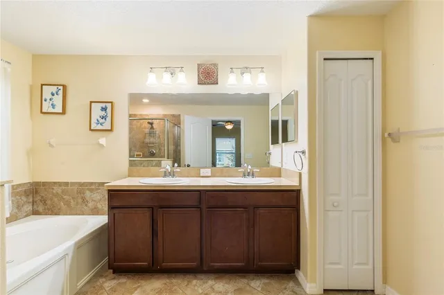 a bathroom with a tub sink and mirror