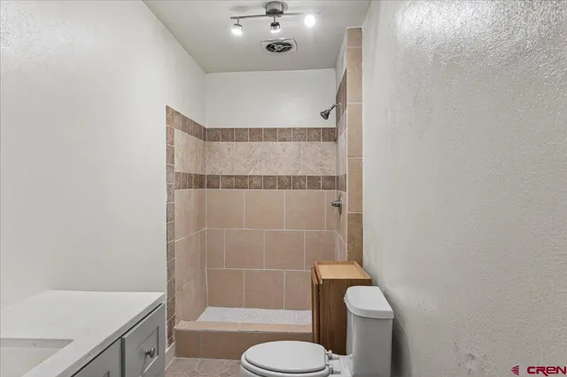 a bathroom with a sink a toilet and shower