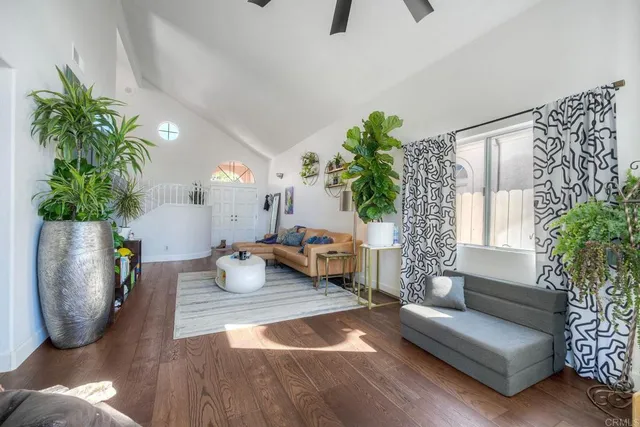 a living room with furniture and a potted plant