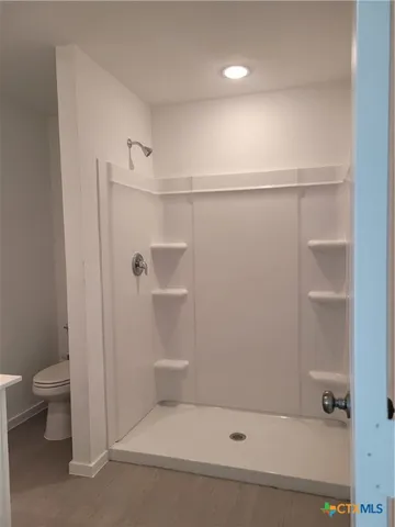 a bathroom with a shower and a toilet