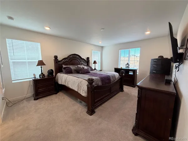 a bedroom with a bed and a couch