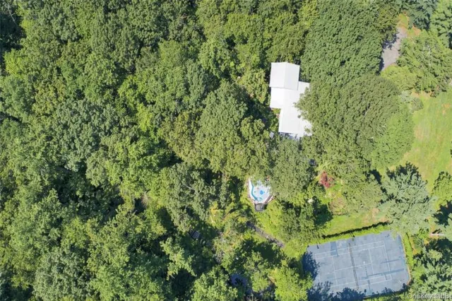 an aerial view of a house with a yard and trees