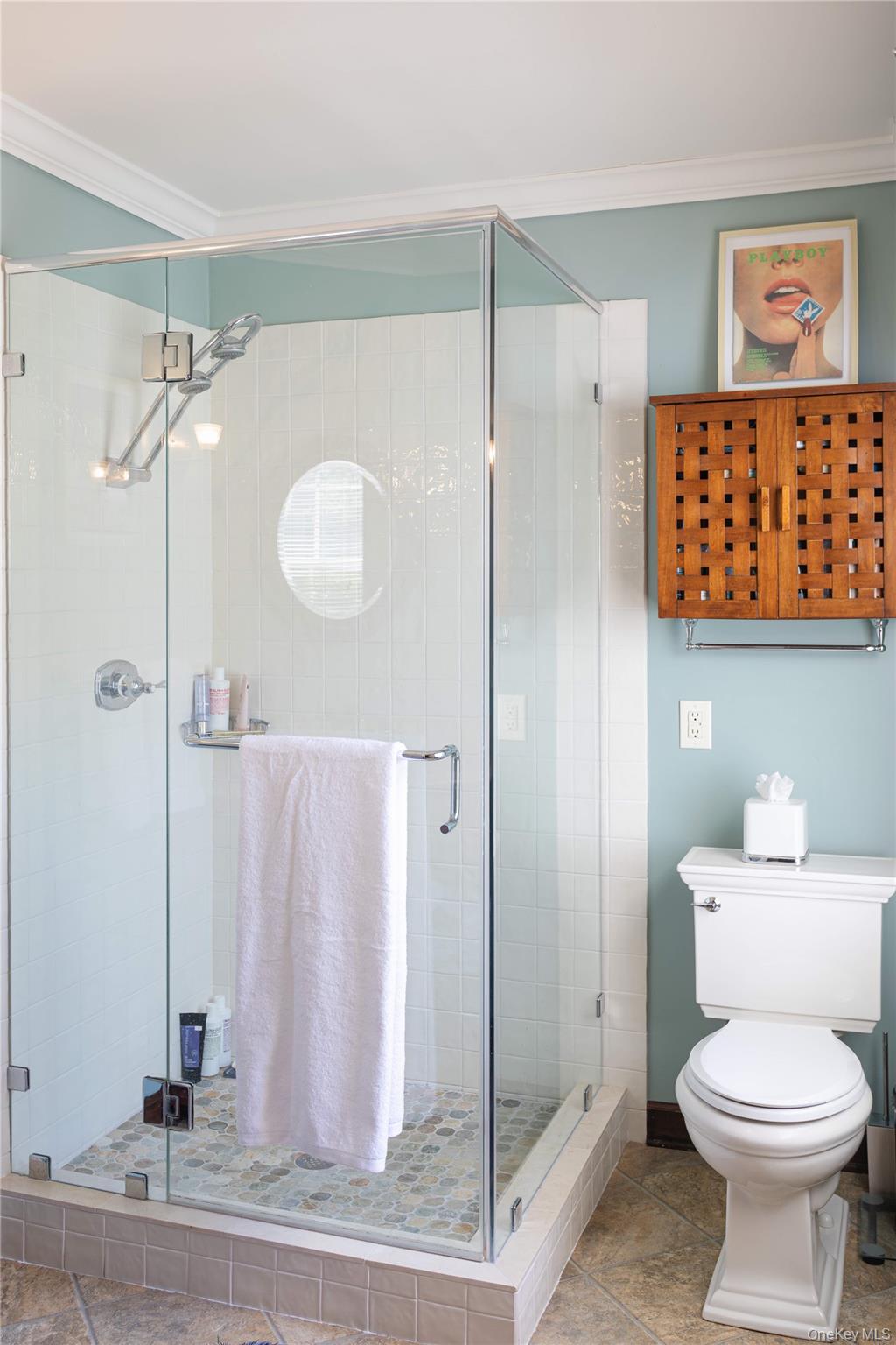 210 Middle Road Hudson, NY 12534 - Photo 27 of 42 Glass-enclosed shower with white vertical subway tile, a built-in shelf, and a mosaic tile floor