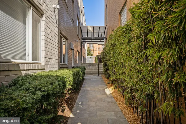 a view of a pathway of a house with potted plants