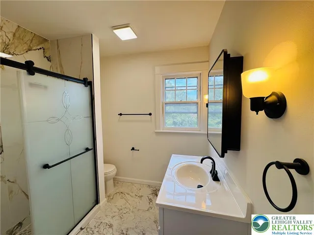 a bathroom with a sink a toilet and a mirror