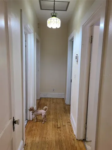 a view of a hallway with wooden floor