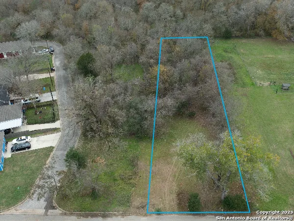 an aerial view of residential houses with outdoor space and trees