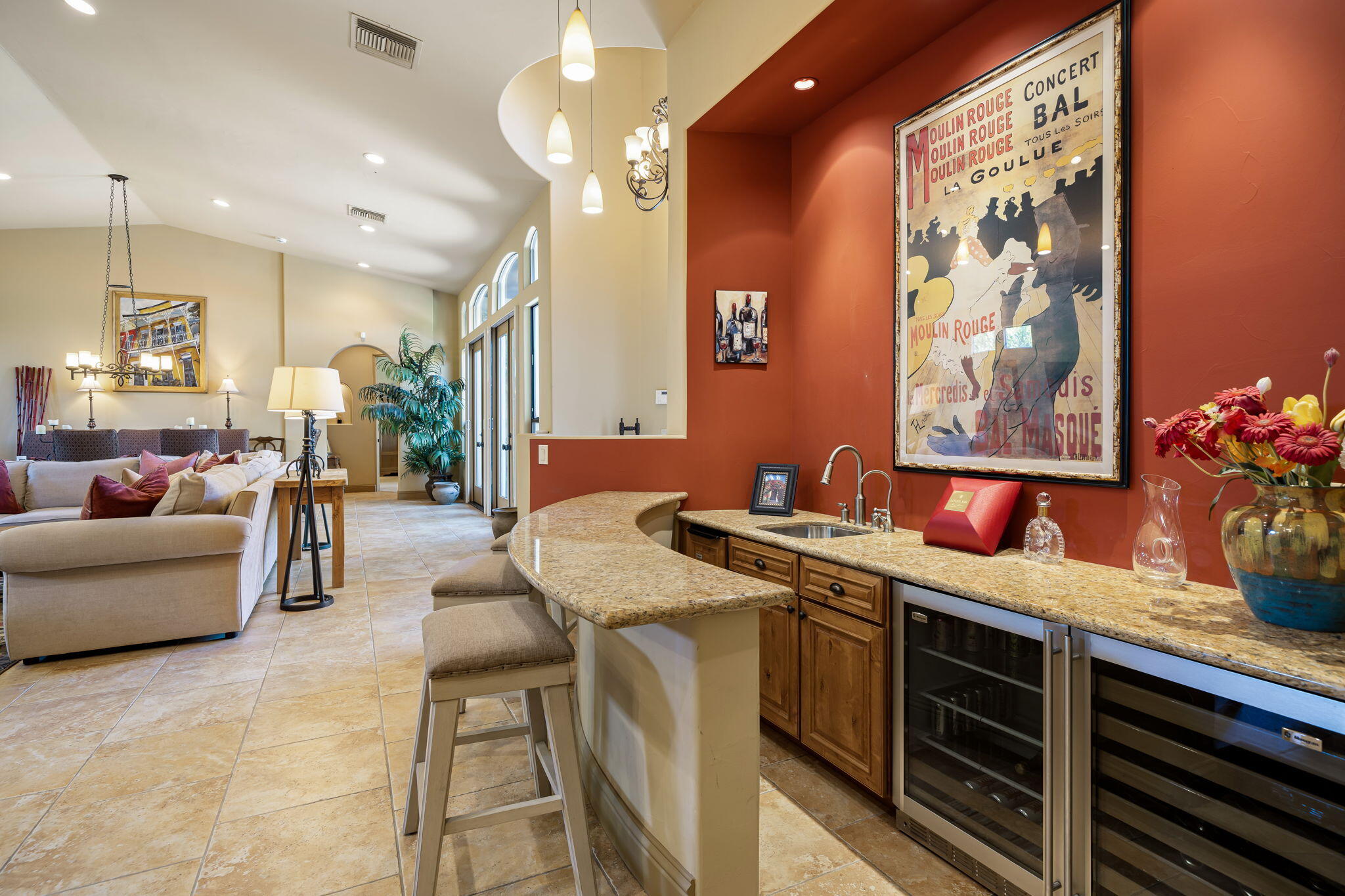 42590 Sandy Bay Road Bermuda Dunes, CA 92203 - Photo 19 of 45 a living room with stainless steel appliances kitchen island granite countertop furniture a rug and a window