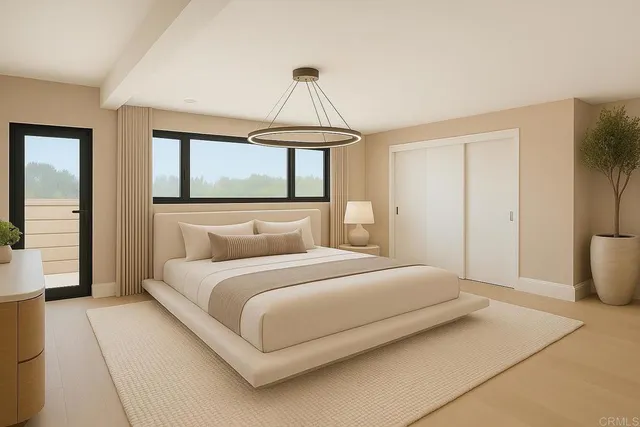 a bedroom with bed and large windows