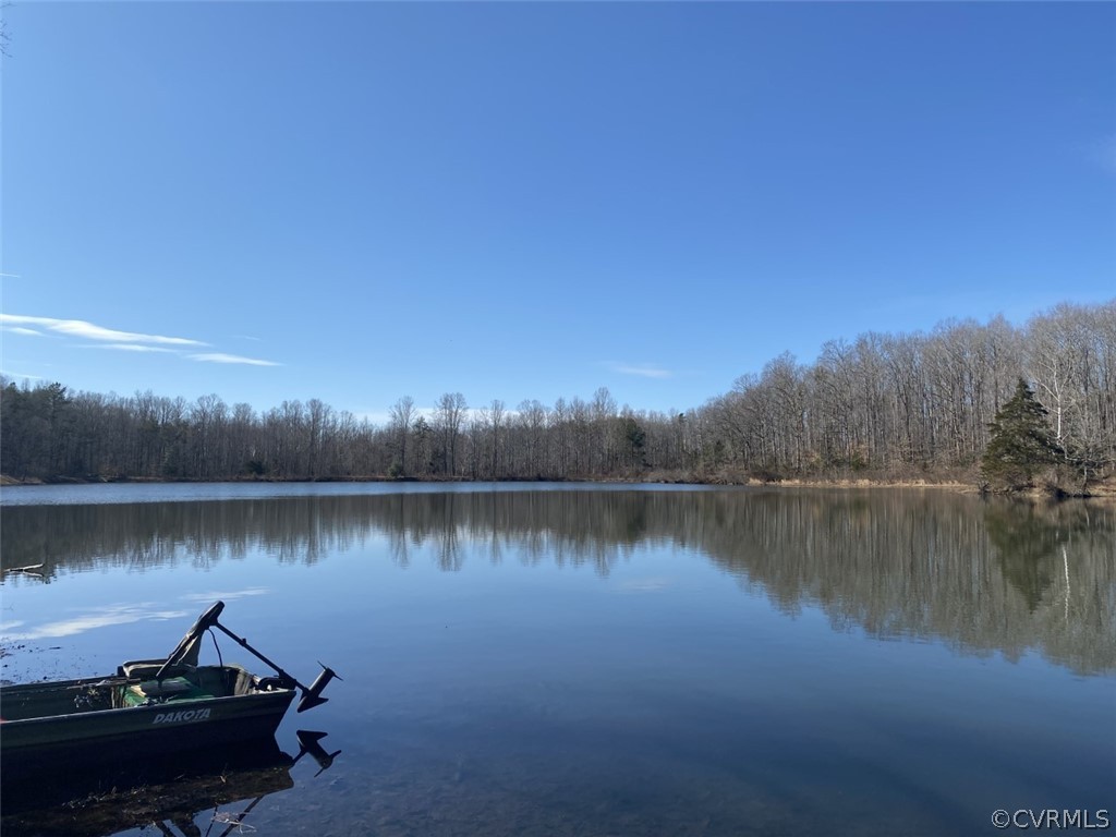 a lake view with a wooden bridge