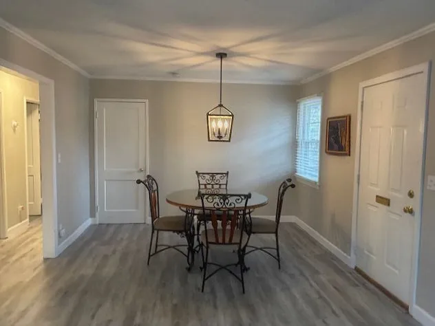 a view of a dining room with furniture window and wooden floor
