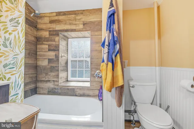 a bathroom with a toilet and a bathtub