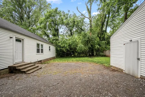 a view of backyard with large trees and wooden fence