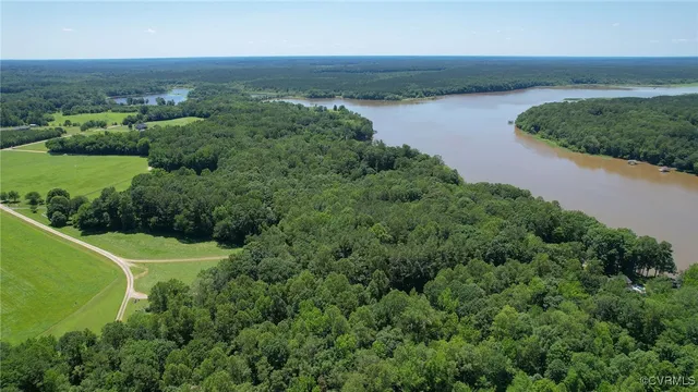 an aerial view of green landscape with trees houses and lake view
