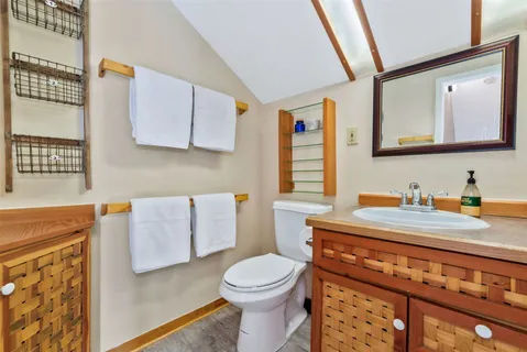 a bathroom with a tub sink vanity and mirror