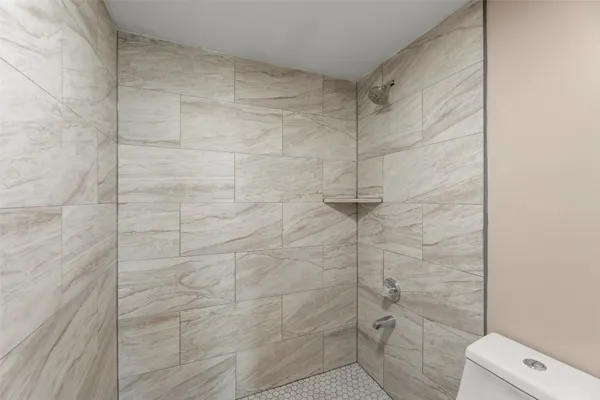 a bathroom with a shower and toilet