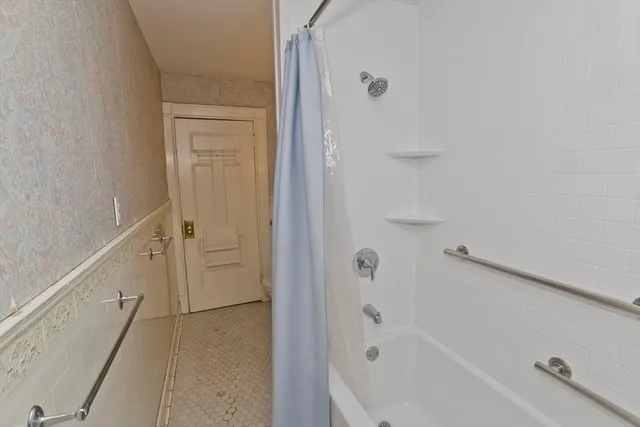 a bathroom with a bathtub
