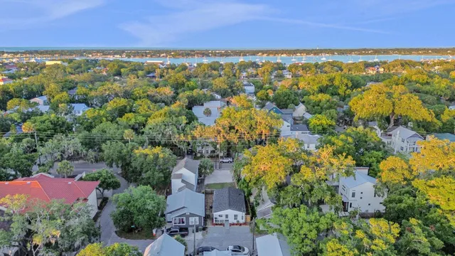 an aerial view of residential houses with outdoor space and trees