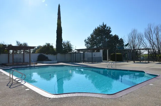 a view of a swimming pool with a yard and trees