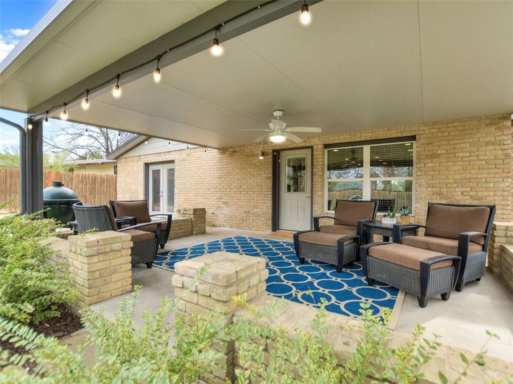 1900 Ohlen Road Austin, TX 78757 - Photo 31 of 34 View of patio featuring an outdoor living space, ceiling fan, and french doors